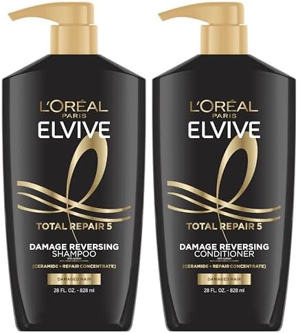 L'Oreal Paris Elvive Total Repair 5 Damage Reversing Shampoo and Conditioner Set for Dry and Damaged Hair, Hair Repair Formula with Protein and Ceramide, 56 Fl Oz Set