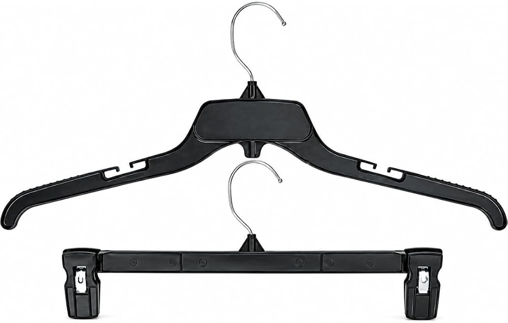 BIGTOPDEALSUSA Black Plastic Hanger Combo Set 40 Pack, 17-Inch Shirt Hangers and 14-Inch Pant Clip Hangers, Notched Shoulders, Metal Clips