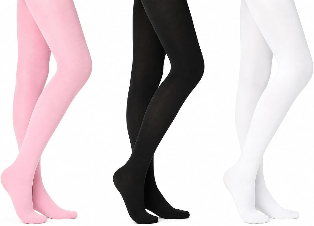 Moret Kids Girls' Ballet and Dance 3-Pack Single Pack Footed Tights - Combination Pack (Pink, Black & White) - Ultra Soft Stretchy Opaque Tights, Large