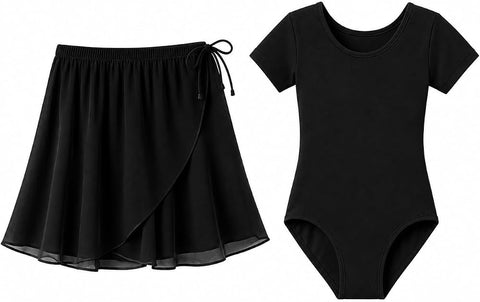 Moret Kids Girls' Ballet and Dance 2-Pack Dance Outfit Set - Black Chiffon Wrap Skirt & Short Sleeve Leotard Matching Set, Size 12-14