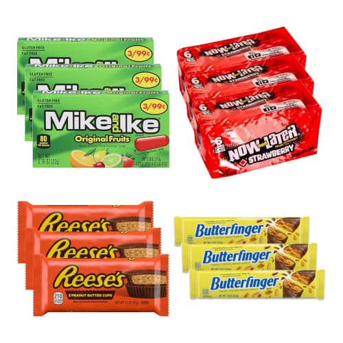 Big TOP DEALS USA 24 Count Candy Variety Pack, 6 Each Mike and Ike Original Fruits, Now and Later Strawberry, Reese's Peanut Butter Cups, Butterfinger - Individually Wrapped, Fruity Chewy Candy