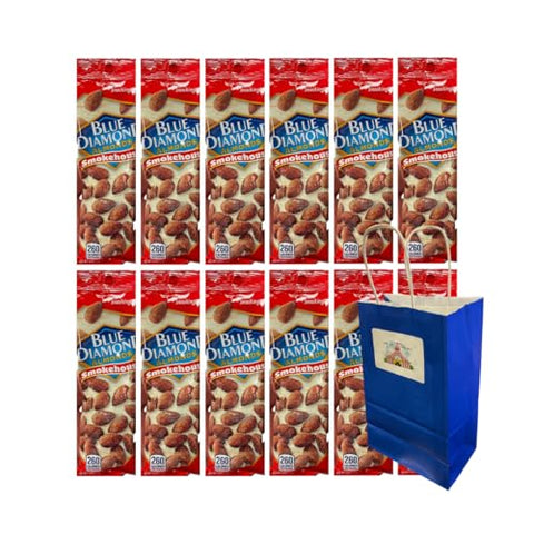 Big Top Deals USA 5.25x3.2x8 Blue Paper Gift Bag with Diamond Almonds Smokehouse 1.5oz – Events, Gifts, Party Favor, Crunchy Nut Snack Pack - Candy - Snacks