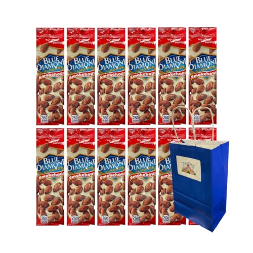 Big Top Deals USA 5.25x3.2x8 Blue Paper Gift Bag with Diamond Almonds Smokehouse 1.5oz – Events, Gifts, Party Favor, Crunchy Nut Snack Pack - Candy - Snacks