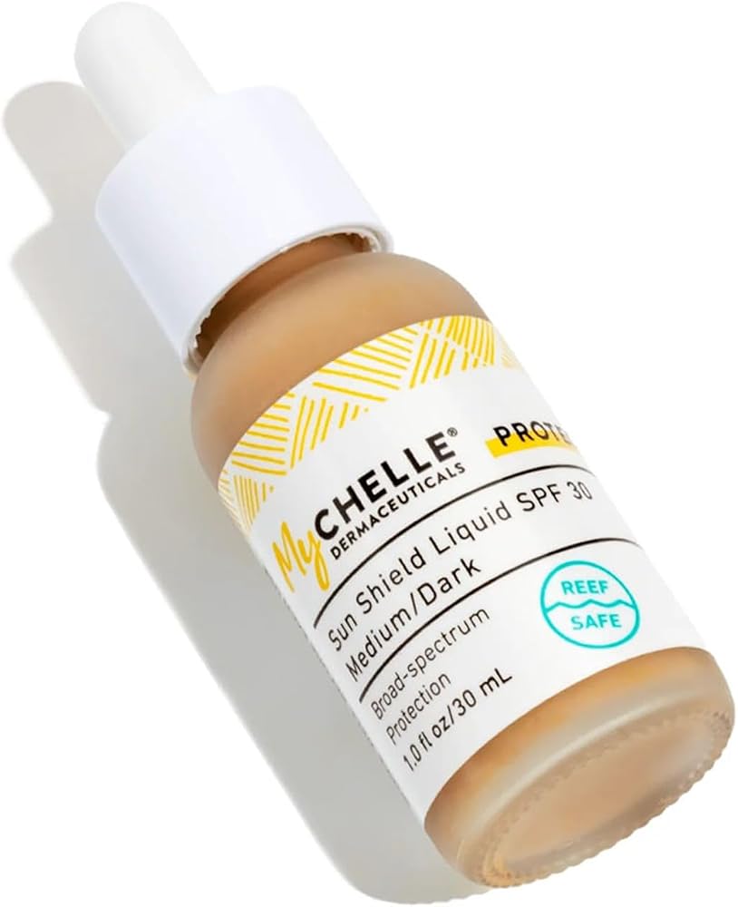 Mychelle Dermaceuticals Sun Shield Liquid SPF 30 Medium/Dark (1 Fl Oz) - Tinted Sunscreen for All Skin With Oil-Absorbing Bentonite Clay - Use as Sheer Foundation or Makeup Primer for Matte Finish