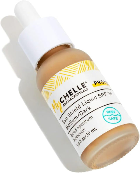 Mychelle Dermaceuticals Sun Shield Liquid SPF 30 Medium/Dark (1 Fl Oz) - Tinted Sunscreen for All Skin With Oil-Absorbing Bentonite Clay - Use as Sheer Foundation or Makeup Primer for Matte Finish