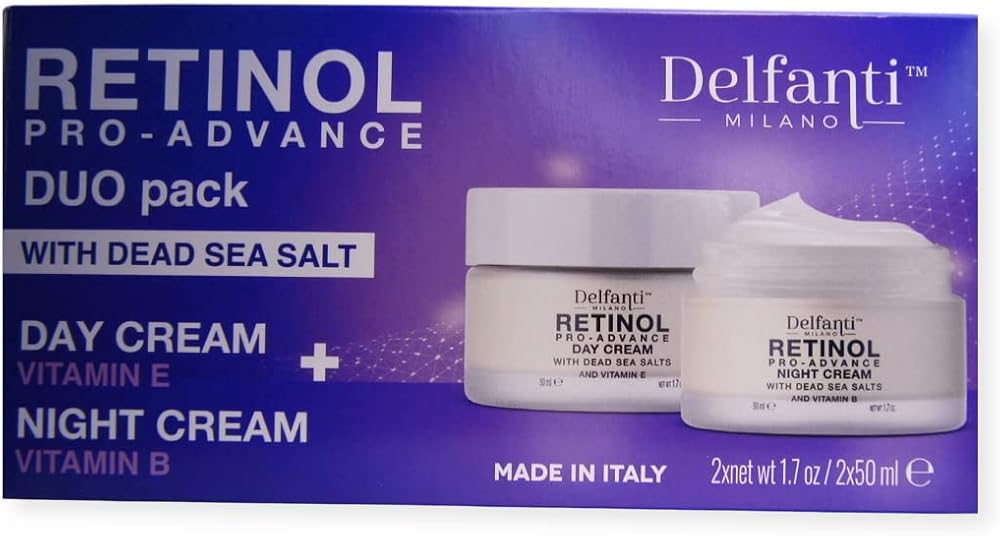 Delfanti-Milano • RETINOL PRO-ADVANCE • Anti-Aging DUO pack • Day + Night Creams • Face and Neck Moisturizers with Dead Sea Minerals and Vitamins E and B • Made in Italy