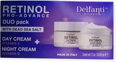 Delfanti-Milano • RETINOL PRO-ADVANCE • Anti-Aging DUO pack • Day + Night Creams • Face and Neck Moisturizers with Dead Sea Minerals and Vitamins E and B • Made in Italy