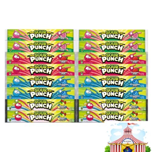 Variety Pack Sour Punch Straw Candy - Soft & Chewy, Sugar Coated, 4 Flavors: Rainbow, Blue Raspberry, Strawberry, Watermelon - 2 Ounces, 16 Pack (4 Each Flavor) - Perfect For Parties, Snacks & Gifting