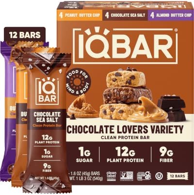 IQBAR Clean High Protein Bars, Low Sugar Snack, Chocolate Variety 12ct