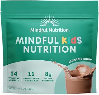 Mindful Nutrition Kids Protein Powder Shake Mix, Organic Fruit and Vegetable Green Superfoods, Vitamins, Minerals, Healthy Chocolate Milk Snack for Toddlers, Kids, Teens and Adults 12.7oz