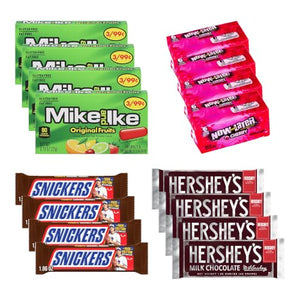 Big TOP DEALS USA 16 Count Candy Variety Pack, 4 Each Mike and Ike Original Fruits, Now and Later Cherry, Snickers, Hershey's Milk Chocolate - Individually Wrapped, Fruity Chewy Candy, Party Favors