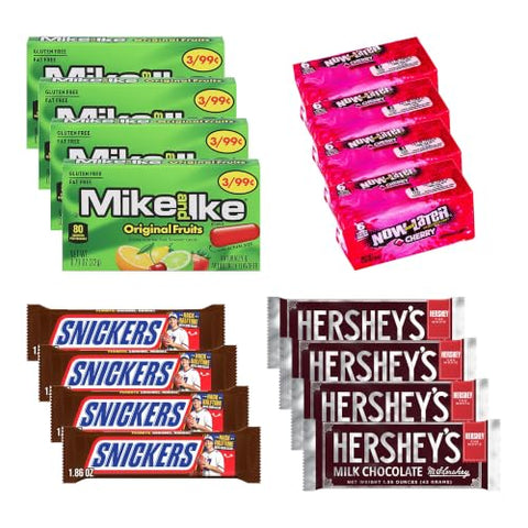 Big TOP DEALS USA 36 Count Candy Variety Pack, 9 Each Mike and Ike Original Fruits, Now and Later Cherry, Snickers, Hershey's Milk Chocolate - Individually Wrapped, Fruity Chewy Candy, Party Favors