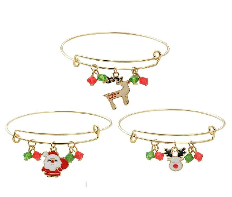 Charming Charlie Set of 3 Gold-Plated Christmas-Themed Charm Wired Bracelets - Festive Holiday Season Accessories for Women