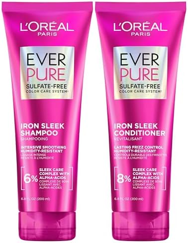 L'Oreal Paris Sulfate Free Iron Sleek Smoothing Shampoo and Conditioner Set, Frizz Control and Humidity-Resistant Formula with Alpha-Acids, Suitable for Color-Treated Hair, EverPure, 13.6 Fl Oz Set