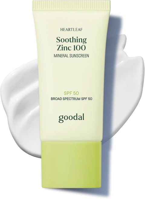 Goodal Heartleaf Soothing Zinc 100 Mineral Sunscreen SPF 50, Zinc Oxide Korean Face Sunscreen for Sensitive & Acne-Prone Skin, No White Cast, Reef-Friendly, Vegan, Korean Skincare, 1.69 Fl Oz