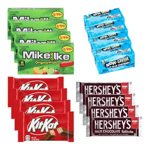 Big TOP DEALS USA 16 Count Candy Variety Pack, 4 Each Mike and Ike Original Fruits, Now and Later Blue Raspberry, Kit Kat, Hershey's Milk Chocolate - Individually Wrapped, Fruity Chewy Candy