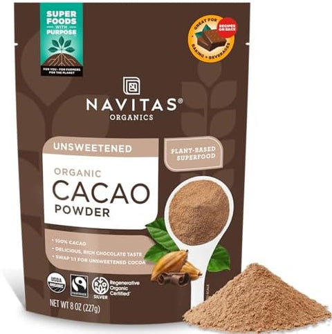 Navitas Organics Cacao Powder - Cocoa Powder Substitute 1:1, For Hot Chocolate, Baking & More - Regenerative Organic Certified, Non GMO, Fairtrade, Gluten Free, Non-alkalized (8oz. Bag, 38 Servings)