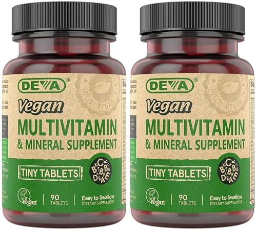DEVA Tiny Tablets Vegan Multivitamin for Women & Men 2-Pack with Iron, Vitamin C, E, B Complex Vitamins, Zinc, 90 Tablets Each