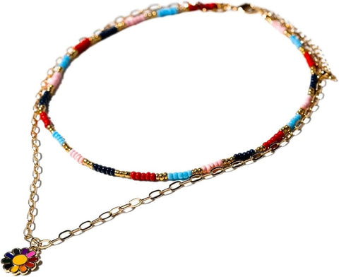 Charming Charlie 2-Layered Multicolor Beaded and Chain Link Necklace with Colorful Flower Pendant - Women's Stylish Layered Necklaces for a Fashionable Look.