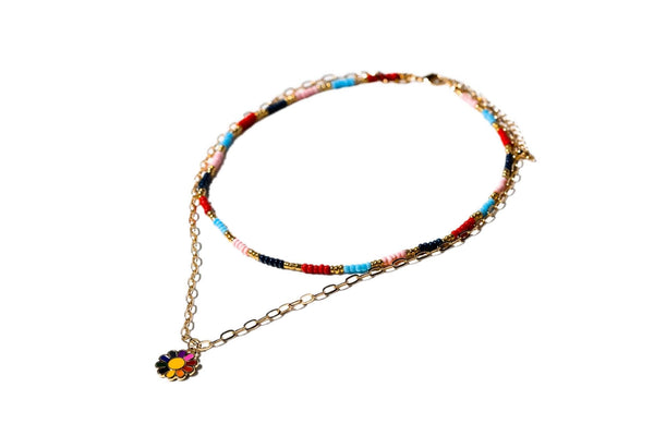 Charming Charlie 2-Layered Multicolor Beaded and Chain Link Necklace with Colorful Flower Pendant - Women's Stylish Layered Necklaces for a Fashionable Look.