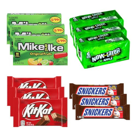 Big TOP DEALS USA 16 Count Candy Variety Pack, 4 Each Mike and Ike Original Fruits, Now and Later Apple, Kit Kat, Snickers - Individually Wrapped, Fruity Chewy Candy, Single Serve Packs, Party Favors