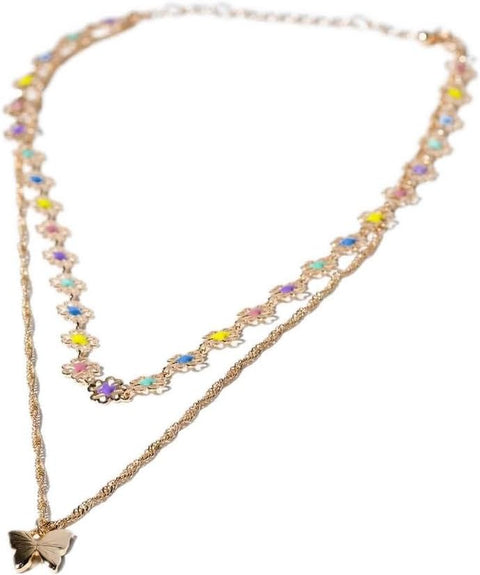 Charming Charlie 2-Layered Gold Necklace with Multicolor Heart-Shaped Four Petal Flower Charms and Butterfly Pendant - Women's Layering Jewelry.