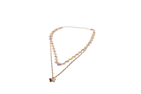Charming Charlie 2-Layered Gold Necklace with Multicolor Heart-Shaped Four Petal Flower Charms and Butterfly Pendant - Women's Layering Jewelry. - Personal Care