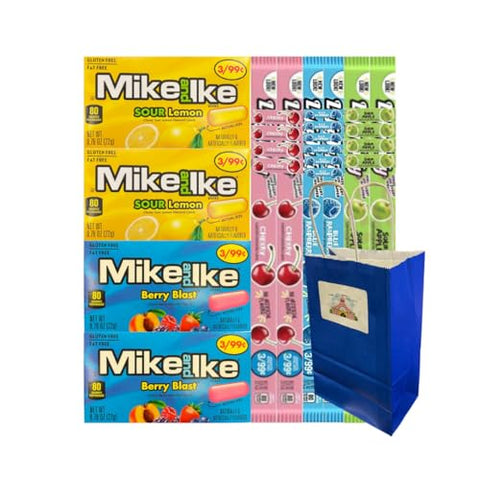 Big Top Deals USA Blue Paper Bag 5.25x3.2x8 Inches with Candy Mix Mike and Ike Berry Blast Sour Lemon 0.78oz & Taffy Ropes Cherry Blue Raspberry Sour Apple 0.81oz Sweet Treats