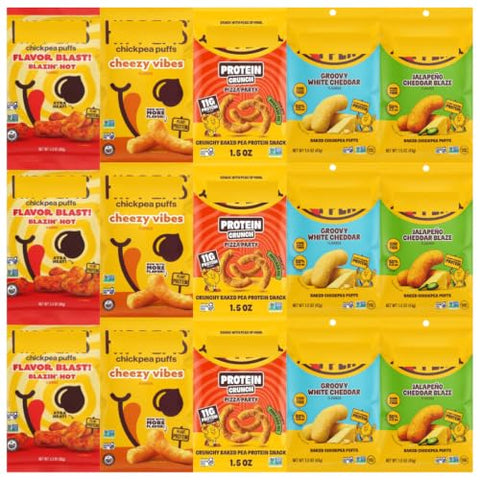 Chickpea Puffs Variety Pack, Blazin' Hot, Cheezy Vibes, Pizza Party, Groovy White Cheddar & Jalapeno Cheddar Blaze, 15 Pack - Personal Care
