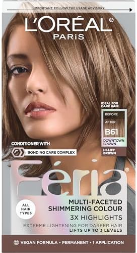 L'Oreal Paris Feria Multi-Faceted Shimmering Permanent Hair Color, B61 Downtown Brown (Hi-Lift Cool Brown), 1 Hair Dye Kit - Personal Care