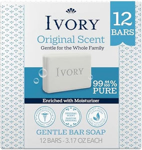 Ivory Gentle Bar Soap, Designed for Whole Family, 99.44% Pure Formula, Plant-Based Cleanser, Made Without Heavy Perfumes, Parabens & Phthalates, for All Skin Types, Original Scent, 3.17 oz (12 Count)