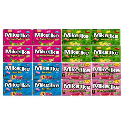 Generic Candy Assortment Mike And Ike, Chewy Fruit Candy - 4 Flavors, Sour Watermelon, Tropical Typhoon, Original Fruits, Berry Blast - 4 Each Flavor, 0.78 Oz, 16 Pack - Candy For All Ocassion