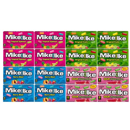 Generic Candy Assortment Mike And Ike, Chewy Fruit Candy - 4 Flavors, Sour Watermelon, Tropical Typhoon, Original Fruits, Berry Blast - 4 Each Flavor, 0.78 Oz, 16 Pack - Candy For All Ocassion