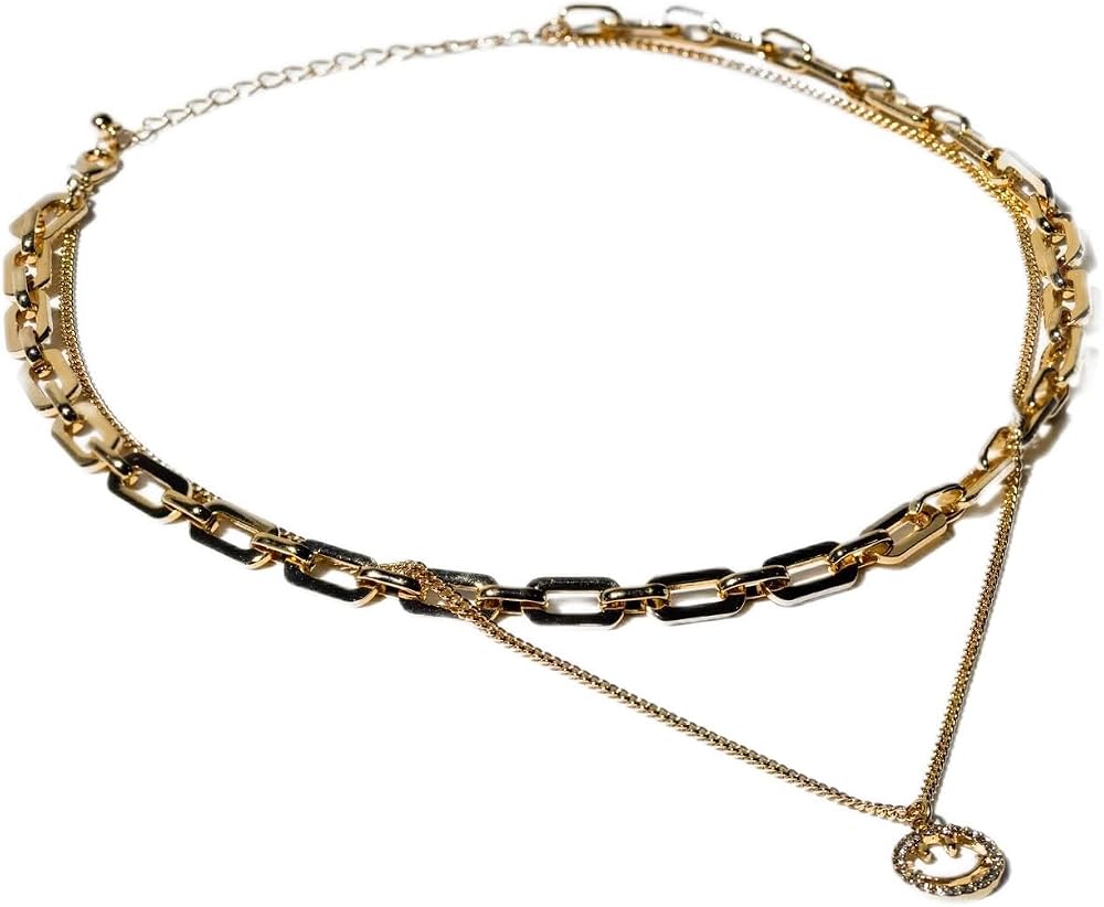 Charming Charlie 2-Layered Gold-Plated Choker Necklace - Chain Link Choker and Curb Chain with Smiley Face Pendant - Women's Simply Radiant Layered Necklace for Effortless Elegance.