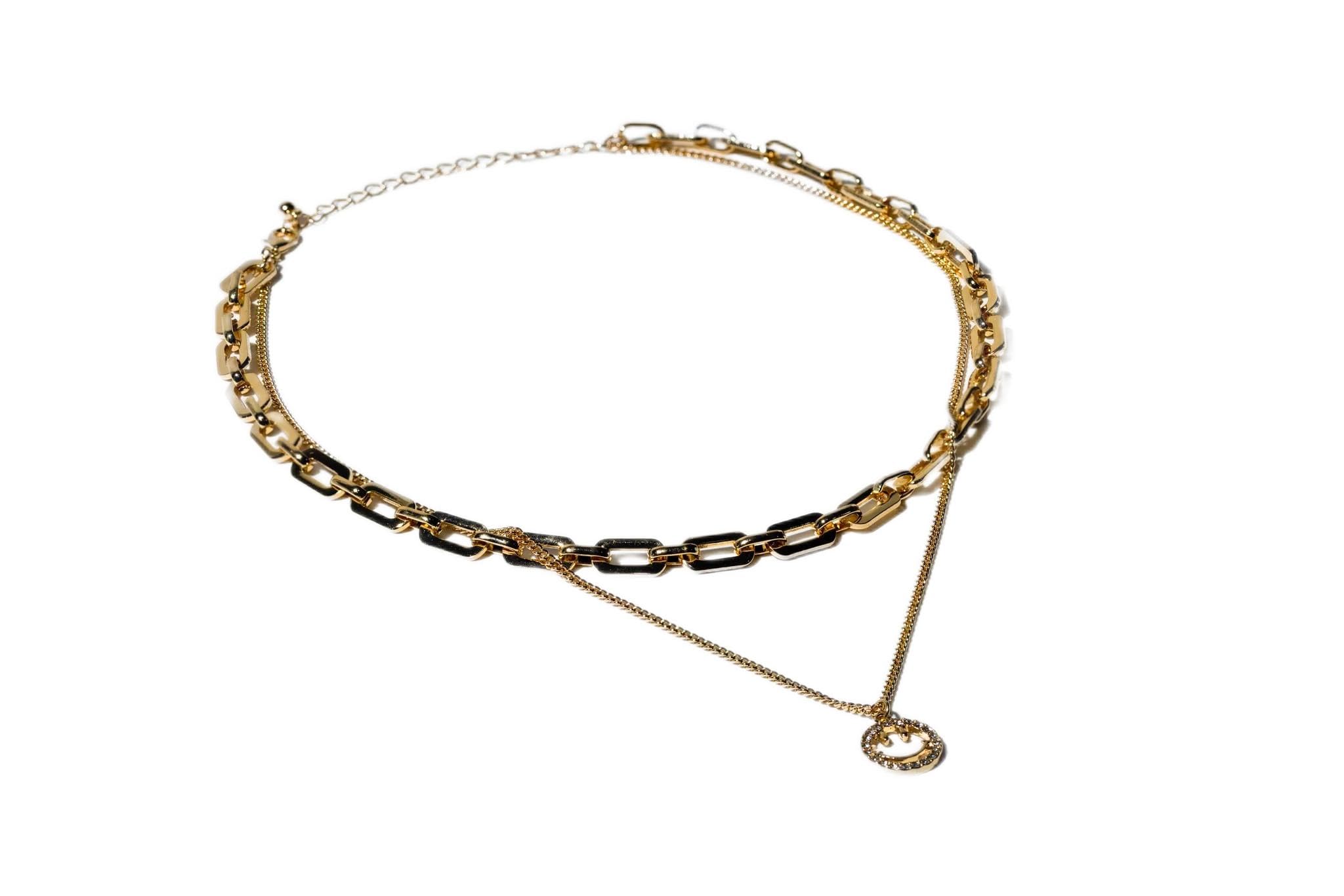 Charming Charlie 2-Layered Gold-Plated Choker Necklace - Chain Link Choker and Curb Chain with Smiley Face Pendant - Women's Simply Radiant Layered Necklace for Effortless Elegance.