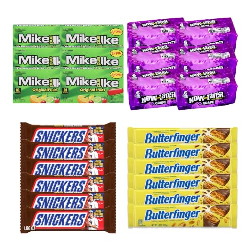 Big TOP DEALS USA 16 Count Candy Variety Pack, 4 Each Mike and Ike Original Fruits, Now and Later Grape, Snickers, Butterfinger - Individually Wrapped, Fruity Chewy Candy, Single Serve Packs