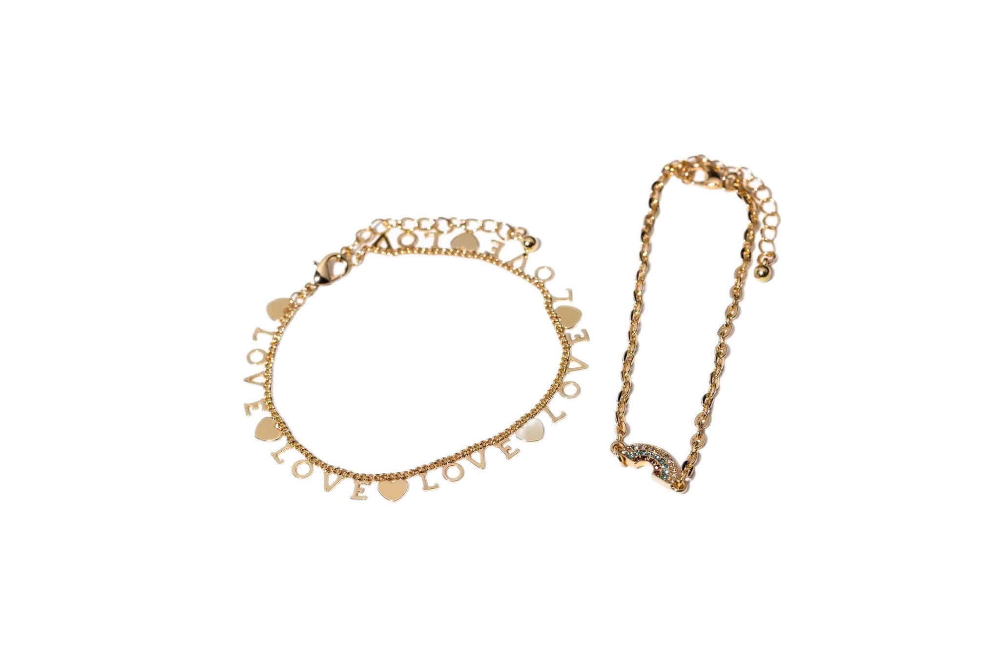 Charming Charlie Set of Two Gold-Plated Adjustable Bracelets: LOVE Initial and Rainbow Pendant - Stackable Bracelet Set for Women. - Personal Care