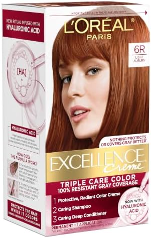 L'Oreal Paris Excellence Crème Permanent Hair Dye, Triple Care Hair Color with Hyaluronic Acid for 100% Gray Coverage, 6R Light Auburn, 1 Kit (Packaging May Vary)