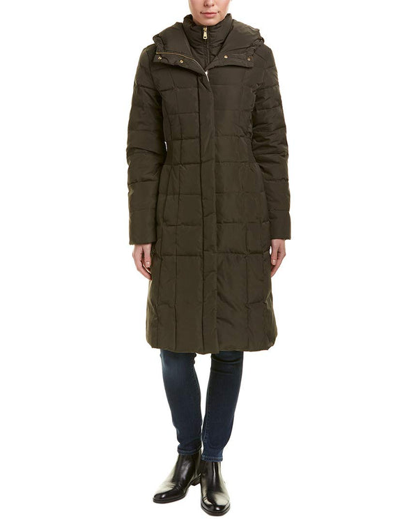 Cole Haan Women's Knee Length Hooded Quilted Down Coat, Forest, Medium