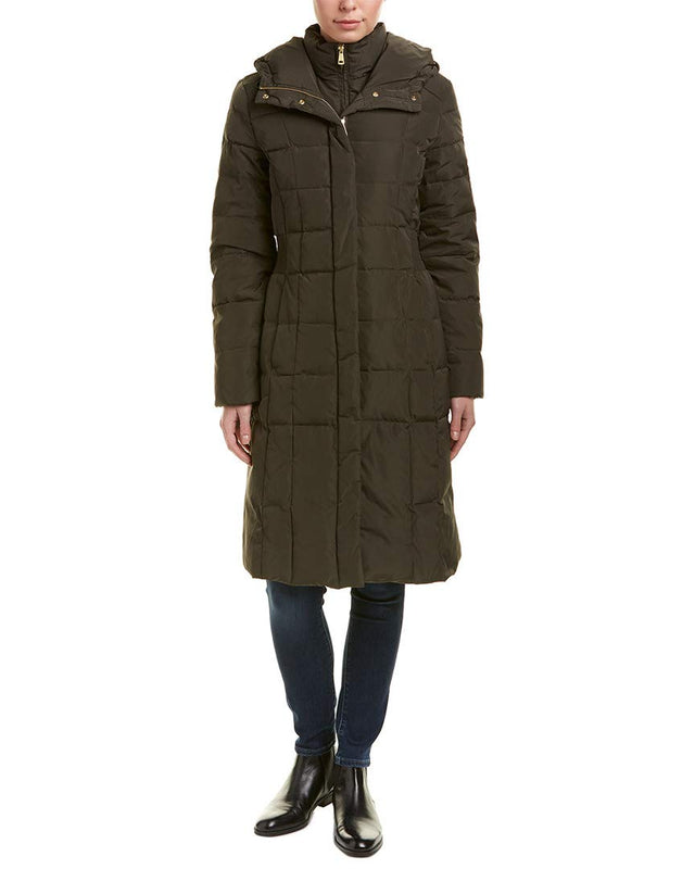 Cole Haan Women's Knee Length Hooded Quilted Down Coat, Forest - Medium Size
