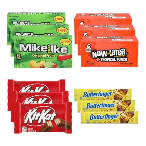Big TOP DEALS USA 36 Count Candy Variety Pack, 9 Each Mike and Ike Original Fruits, Now and Later Tropical Punch, Kit Kat, Butterfinger - Individually Wrapped, Fruity Chewy Candy, Single Serve Packs