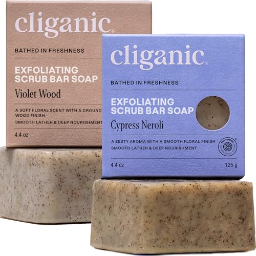 Cliganic Exfoliating Bar Soap For Men & Women – Body Scrub Soap with 98% Natural Ingredients Cleanses, Smooths & Revitalizes Skin, Moisturizing Soap Bar- Cypress Neroli & Violet Wood Scents