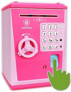 Kids Safe Box with Fingerprint Code, Talking Piggy Bank, ATM Savings Bank for Real Money, Great Toy Gift for Children(Pink/Pink)