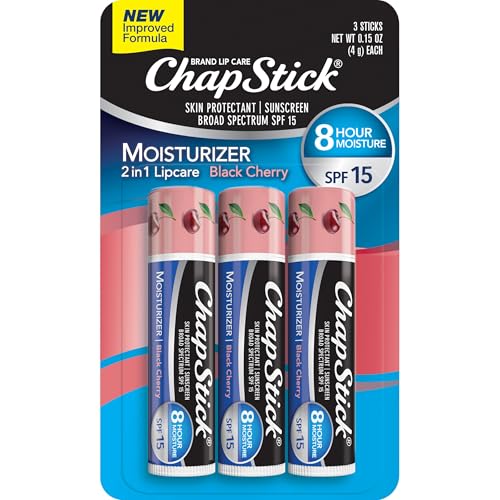 ChapStick Moisturizer Black Cherry Lip Balm Tubes, SPF 15 Sunscreen and Skin Protectant - 0.15 Oz (Pack of 3)