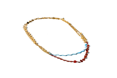 Charming Charlie 2-Layered Gold-Plated Beaded Chain Necklace - Blue Diamond Shape and Orange Circle Charms - Women's Radiant Layered Necklace for Distinctive Elegance.