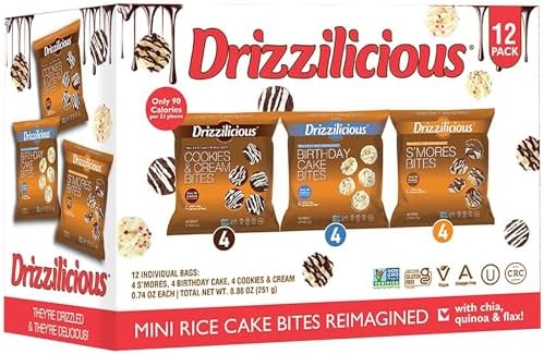 Drizzilicious Mini Rice Cakes Variety Pack- Rice Crisps, Healthy Snack for Adults and Kids, Flavored Rice Cakes, Vegan, Gluten Free Snack, Allergen Free, Only 90 Calories Per Bag- 0.74 oz (Pack of 12)