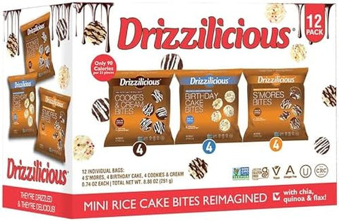 Drizzilicious Mini Rice Cakes Variety Pack- Rice Crisps, Healthy Snack for Adults and Kids, Flavored Rice Cakes, Vegan, Gluten Free Snack, Allergen Free, Only 90 Calories Per Bag- 0.74 oz (Pack of 12)