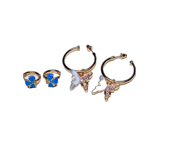 Charming Charlie 2 Pairs of Gold-Plated Butterfly Earrings - Flutter in Style with C-Hoop and Huggie Flower Earrings - Women's Golden Earrings Set.