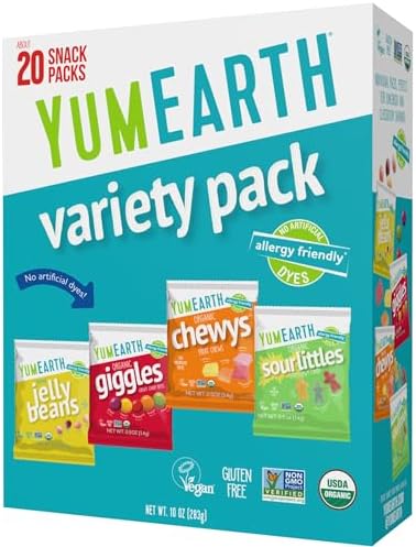 YumEarth Organic Variety Box - Jelly Beans, Giggles, Chewys, Sour Littles - Allergy Friendly (Top 9 Free), No Artificial Dyes, Non GMO, Gluten Free, Vegan -Individually Wrapped (Pack of 20)