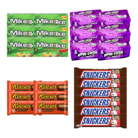 Big TOP DEALS USA 24 Count Candy Variety Pack, 6 Each Mike and Ike Original Fruits, Now and Later Grape, Reese's Peanut Butter Cups, Snickers - Individually Wrapped, Fruity Chewy Candy, Party Favors